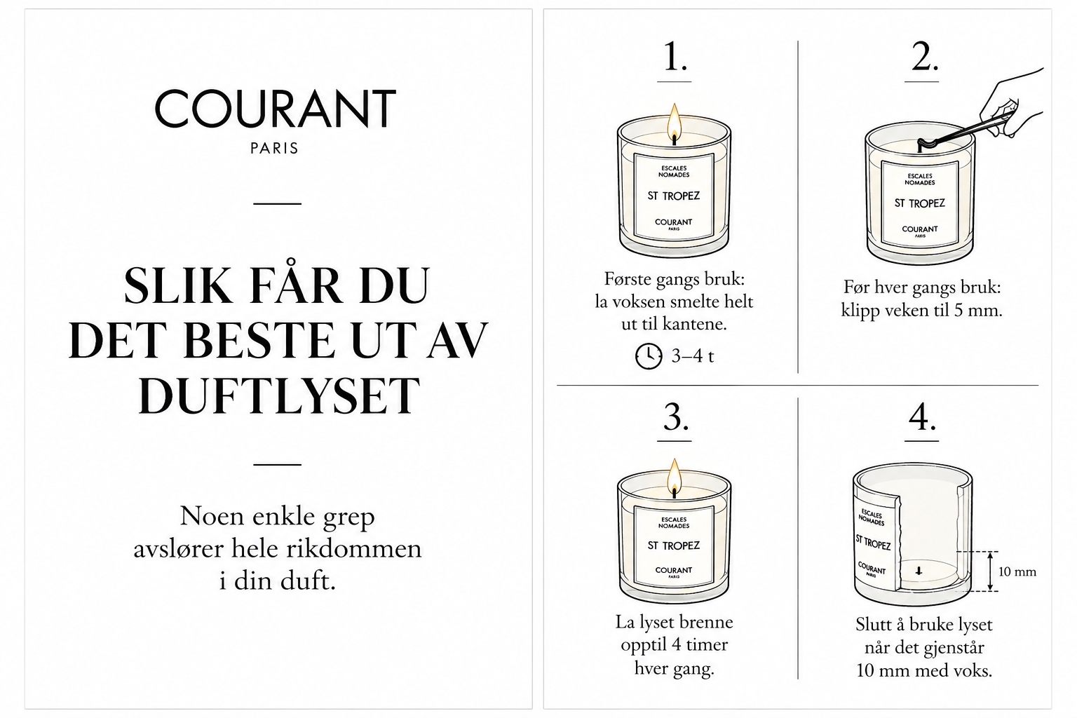 Norsk bruksanvisning for COURANT duftlys – fire trinn